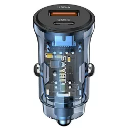   USAMS autós töltő 1xUSB+1xUSB-C C32 30W gyorstöltés kék CC164CC02 (US-CC164)