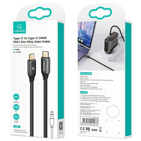 USAMS kábel fonott U82 USB-C na USB-C 1.2m 240W PD 3.1 Fast Charging fekete SJ580USB01 (US-SJ580)