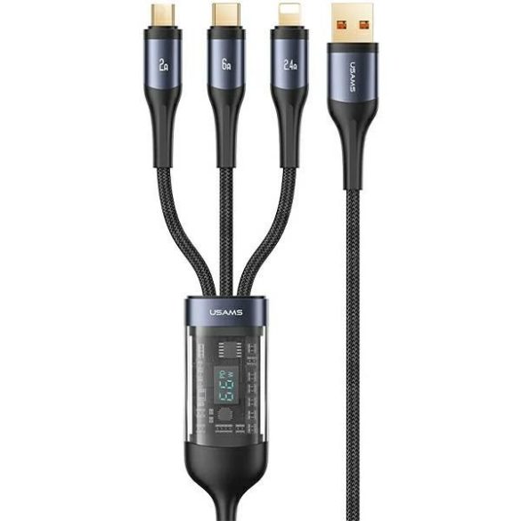 USAMS U83 fonott kábel 3 az 1-ben 66W 1.2m Digitális kijelző PD gyorstöltés (Lightning/microUSB/USB-C) fekete