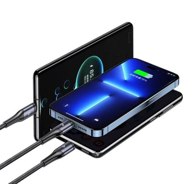 USAMS U83 fonott kábel 3 az 1-ben 66W 1.2m Digitális kijelző PD gyorstöltés (Lightning/microUSB/USB-C) fekete