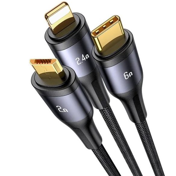 USAMS U83 fonott kábel 3 az 1-ben 66W 1.2m Digitális kijelző PD gyorstöltés (Lightning/microUSB/USB-C) fekete