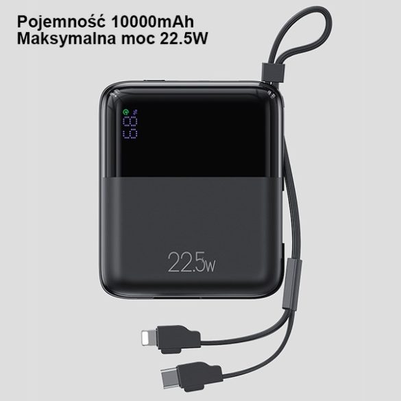 USAMS Powerbank PB69 10000mAh 22.5W QC3.0+PD gyorstöltés Digitális kijelző fekete 10KCD18601 (US-CD186)