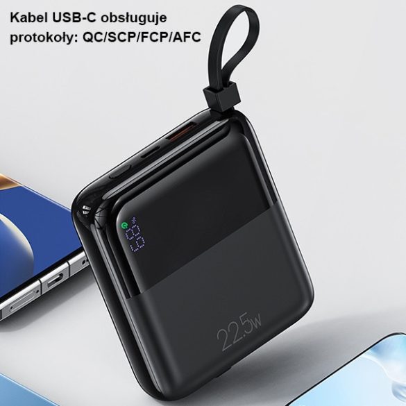 USAMS Powerbank PB69 10000mAh 22.5W QC3.0+PD gyorstöltés Digitális kijelző fekete 10KCD18601 (US-CD186)