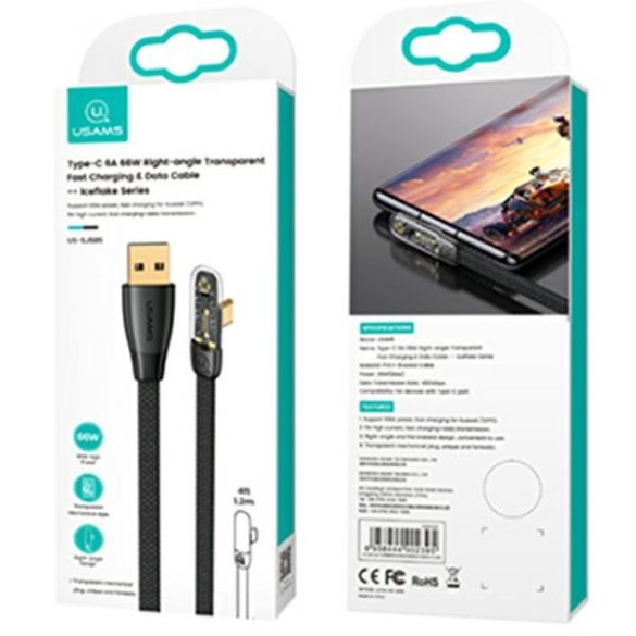USAMS kábel szögletes USB na USB-C PD 6A 66W gyors töltés Iceflake Series 1,2m fekete SJ585USB01 (US-SJ585)