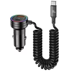   USAMS töltő 2xUSB-C 1xUSB-A C33 60W rugós kábellel Gyors töltés fekete CC167CC01 (US-CC167)