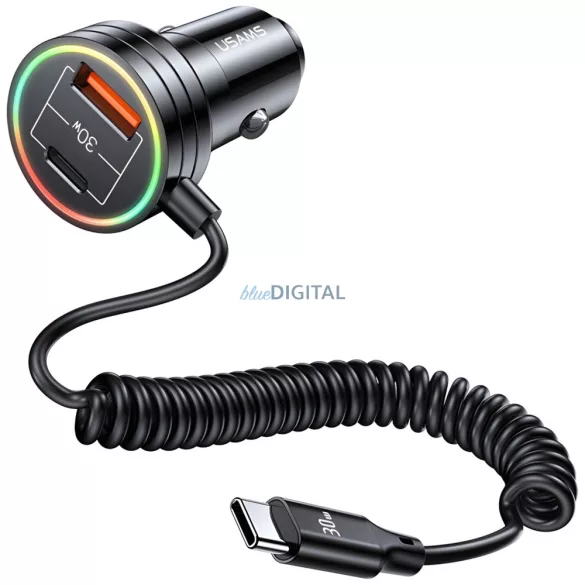 USAMS töltő 2xUSB-C 1xUSB-A C33 60W rugós kábellel Gyors töltés fekete CC167CC01 (US-CC167)