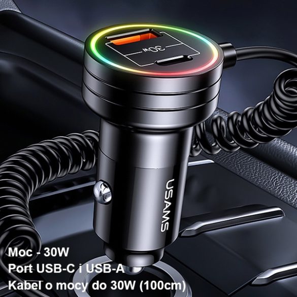 USAMS töltő 2xUSB-C 1xUSB-A C33 60W rugós kábellel Gyors töltés fekete CC167CC01 (US-CC167)