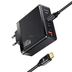   USAMS T52 töltő 2xUSB-C+1xUSB PD 140W gyorstöltés US-CC168 + U82 USB-C/USB-C US-SJ581 kábel