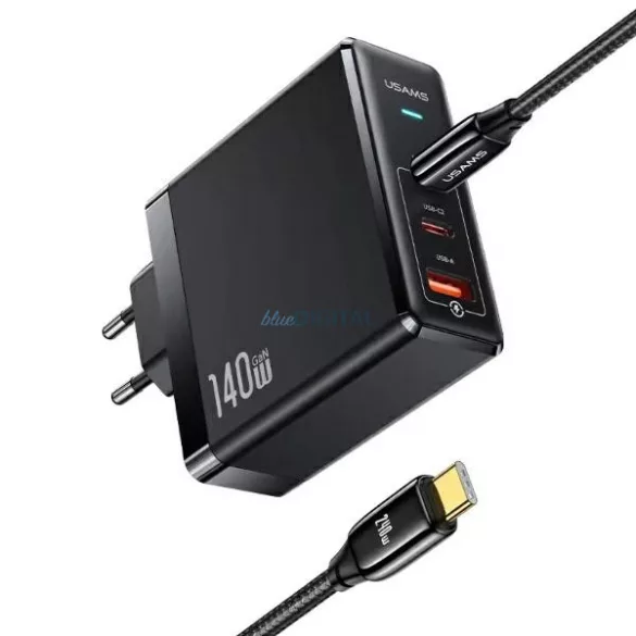USAMS T52 töltő 2xUSB-C+1xUSB PD 140W gyorstöltés US-CC168 + U82 USB-C/USB-C US-SJ581 kábel