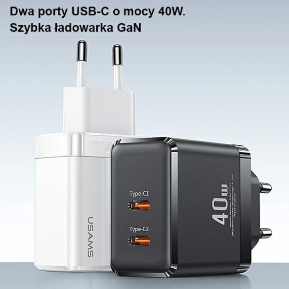 USAMS hálózati töltő 2xUSB-C T54 GaN 40W (csak fej) PD gyorstöltés fekete CC172TC01 (US-CC172)