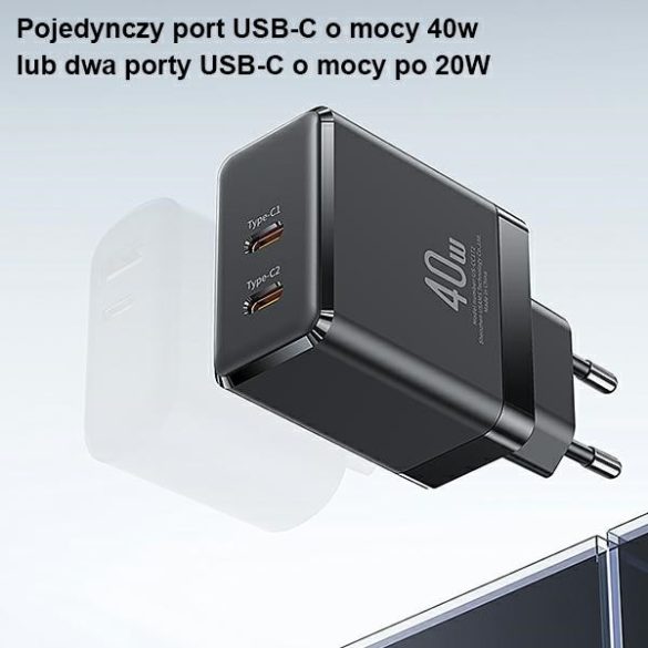 USAMS hálózati töltő 2xUSB-C T54 GaN 40W (csak fej) PD gyorstöltés fekete CC172TC01 (US-CC172)