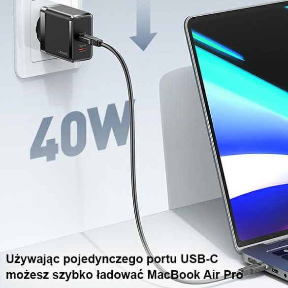 USAMS hálózati töltő 2xUSB-C T54 GaN 40W (csak fej) PD gyorstöltés fekete CC172TC01 (US-CC172)