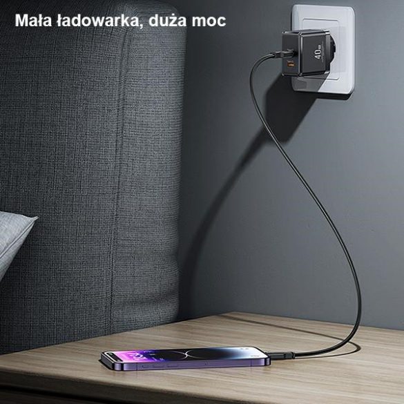 USAMS hálózati töltő 2xUSB-C T54 GaN 40W (csak fej) PD gyorstöltés fekete CC172TC01 (US-CC172)