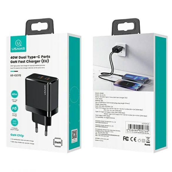 USAMS hálózati töltő 2xUSB-C T54 GaN 40W (csak fej) PD gyorstöltés fekete CC172TC01 (US-CC172)