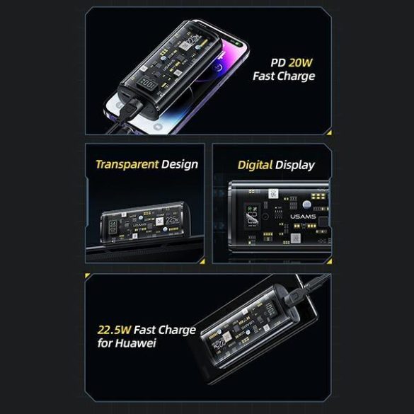 USAMS Powerbank 9000mAh PD 20W QC3.0+PD kétportos gyorstöltés fekete 10KCD18901(US-CD189)
