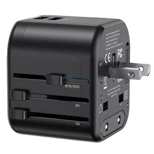 USAMS adapter, 2xUSB, T55, 12W4w1, US/AU/EU/UK, fekete CC173TC01 (US-CC173) univerzális utazótöltő
