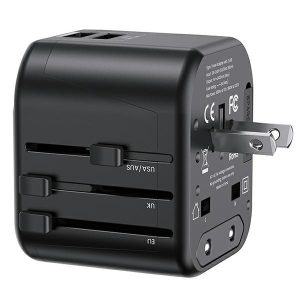 USAMS hálózati töltő 2xUSB T55 12W adapter 4w1 US/AU/EU/UK fekete CC173TC01 (US-CC173) Univesal utazási töltő