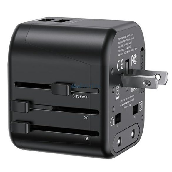 USAMS T55 US/AU/EU/UK utazó adapter 2xUSB-A csatlakozással 12W - fekete
