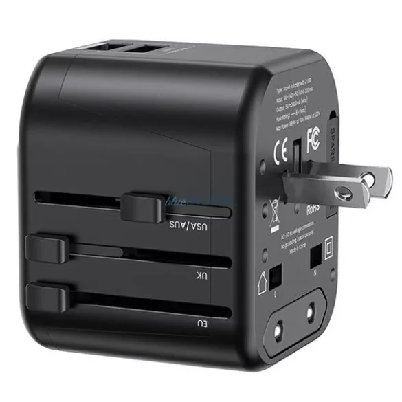 USAMS adapter, 2xUSB, T55, 12W4w1, US/AU/EU/UK, fekete CC173TC01 (US-CC173) univerzális utazótöltő