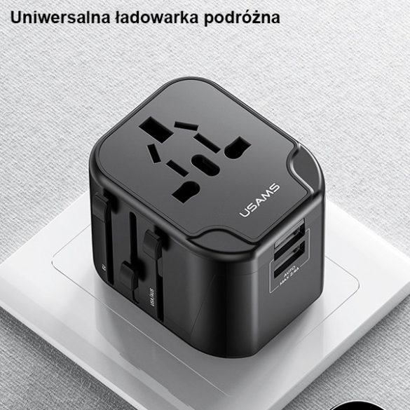 USAMS hálózati töltő 2xUSB T55 12W adapter 4w1 US/AU/EU/UK fekete CC173TC01 (US-CC173) Univesal utazási töltő