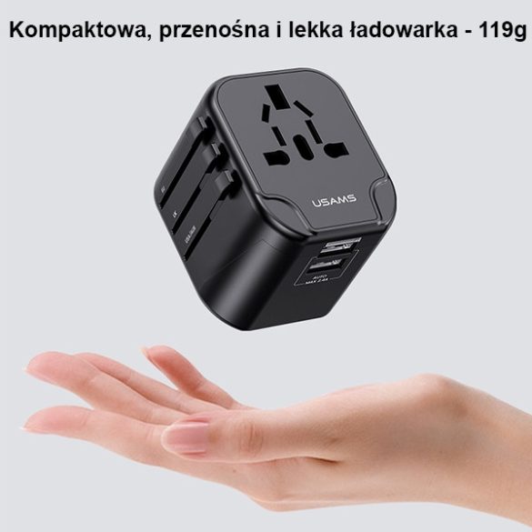 USAMS hálózati töltő 2xUSB T55 12W adapter 4w1 US/AU/EU/UK fekete CC173TC01 (US-CC173) Univesal utazási töltő