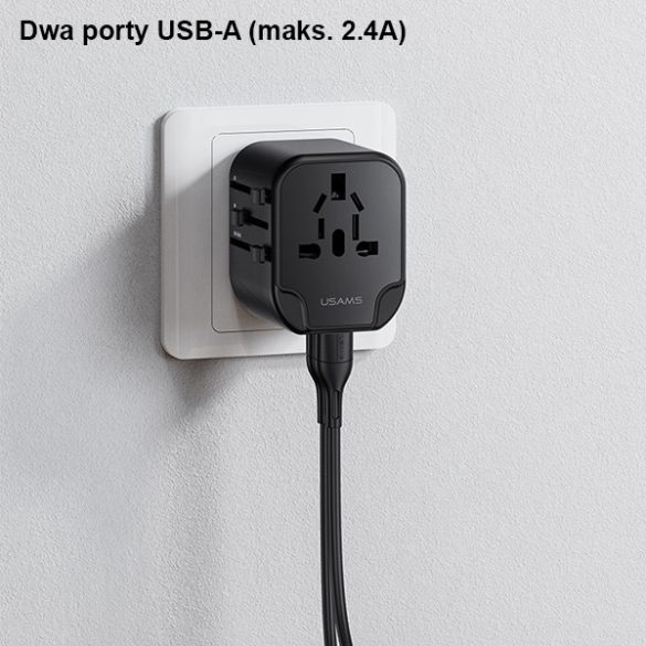 USAMS hálózati töltő 2xUSB T55 12W adapter 4w1 US/AU/EU/UK fekete CC173TC01 (US-CC173) Univesal utazási töltő