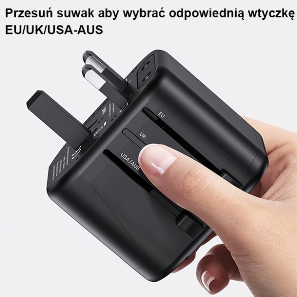 USAMS hálózati töltő 2xUSB T55 12W adapter 4w1 US/AU/EU/UK fekete CC173TC01 (US-CC173) Univesal utazási töltő