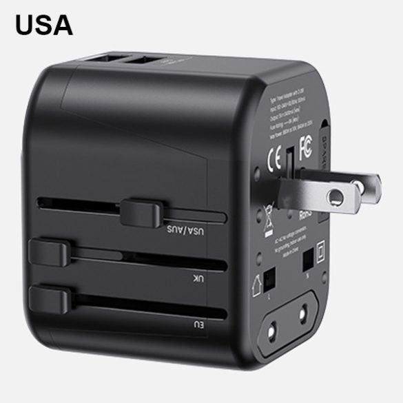 USAMS hálózati töltő 2xUSB T55 12W adapter 4w1 US/AU/EU/UK fekete CC173TC01 (US-CC173) Univesal utazási töltő