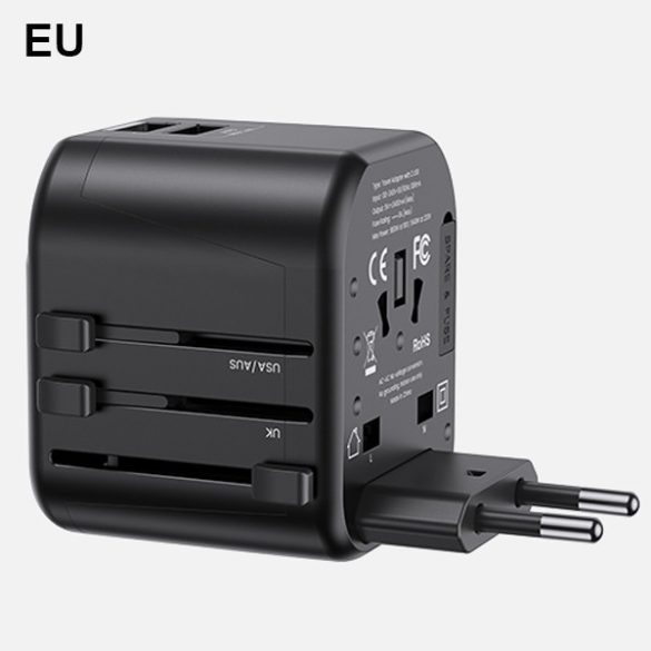 USAMS hálózati töltő 2xUSB T55 12W adapter 4w1 US/AU/EU/UK fekete CC173TC01 (US-CC173) Univesal utazási töltő