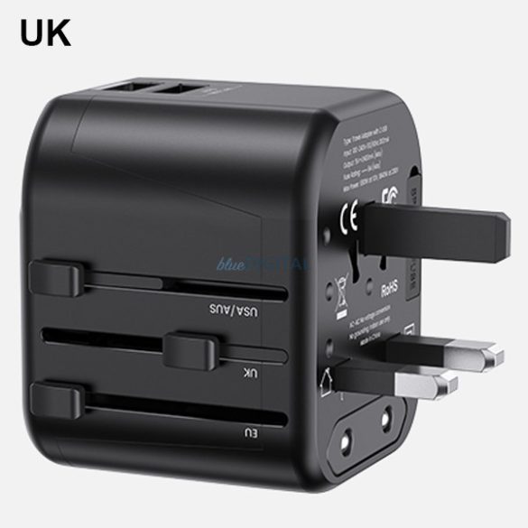 USAMS hálózati töltő 2xUSB T55 12W adapter 4w1 US/AU/EU/UK fekete CC173TC01 (US-CC173) Univesal utazási töltő