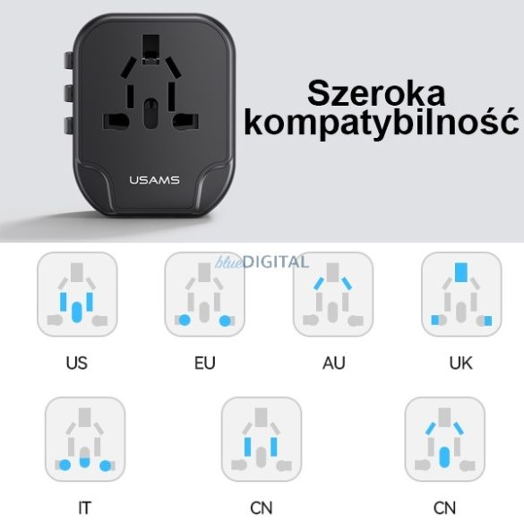 USAMS hálózati töltő 2xUSB T55 12W adapter 4w1 US/AU/EU/UK fekete CC173TC01 (US-CC173) Univesal utazási töltő