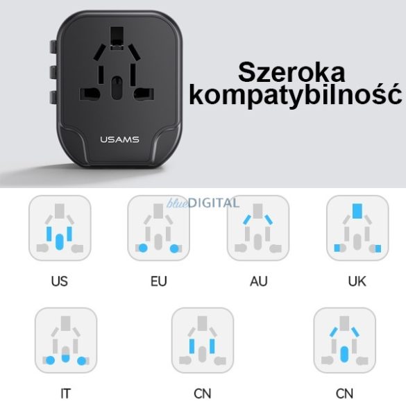 USAMS T55 US/AU/EU/UK utazó adapter 2xUSB-A csatlakozással 12W - fekete
