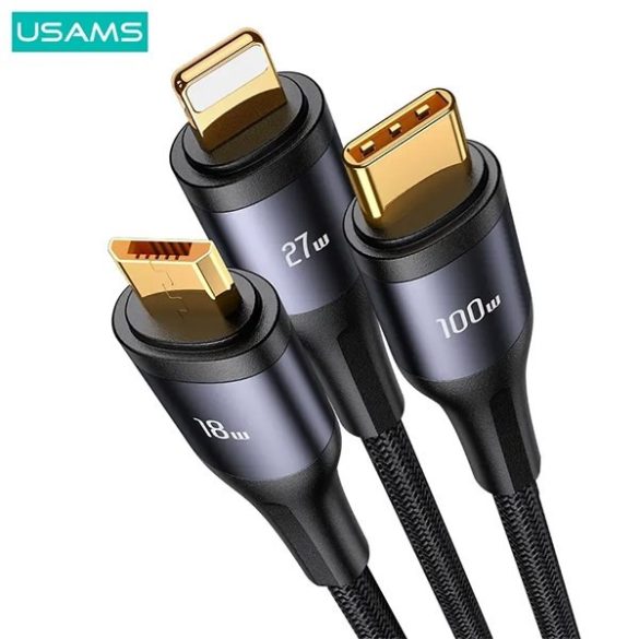 USAMS U83 fonott kábel 3 az 1-ben 100W 1.2m Digitális kijelző PD gyorstöltés (Lightning/microUSB/USB-C)