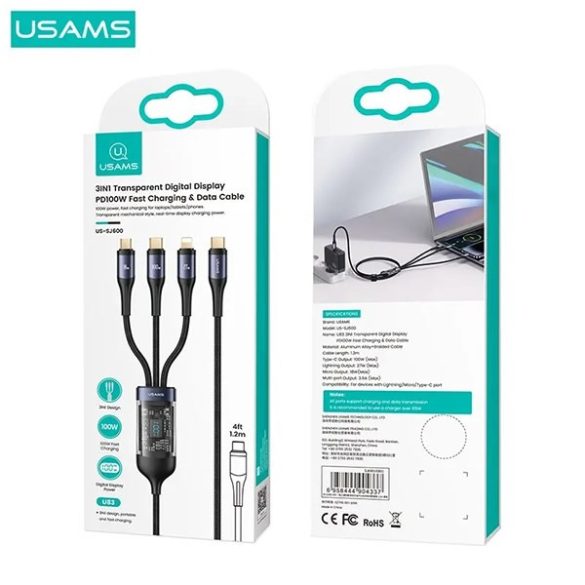 USAMS U83 fonott kábel 3 az 1-ben 100W 1.2m Digitális kijelző PD gyorstöltés (Lightning/microUSB/USB-C)