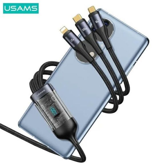 USAMS U83 fonott kábel 3 az 1-ben 100W 1.2m Digitális kijelző PD gyorstöltés (Lightning/microUSB/USB-C)