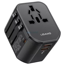   USAMS hálózati adapter 2xUSB+1xUSB-C T59 20 W 4 az 1-ben US/AU/EU/UK fekete CC179TC01 (US-CC179) Univerzális