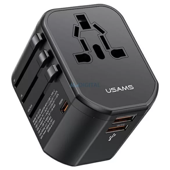 USAMS hálózati adapter 2xUSB+1xUSB-C T59 20 W 4 az 1-ben US/AU/EU/UK fekete CC179TC01 (US-CC179) Univerzális