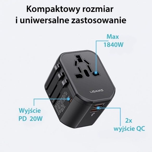 USAMS  2xUSB T59 20W adapter 4w1 US/AU/EU/UK fekete CC179TC01 (US-CC179) Univerzális utazási töltő