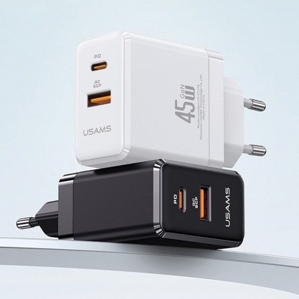 USAMS  1xUSB-C+1xUSB 45W (csak fej) GaN PD3.0 +QC3.0 gyors töltés feketeCC178TC01 (US-CC178)