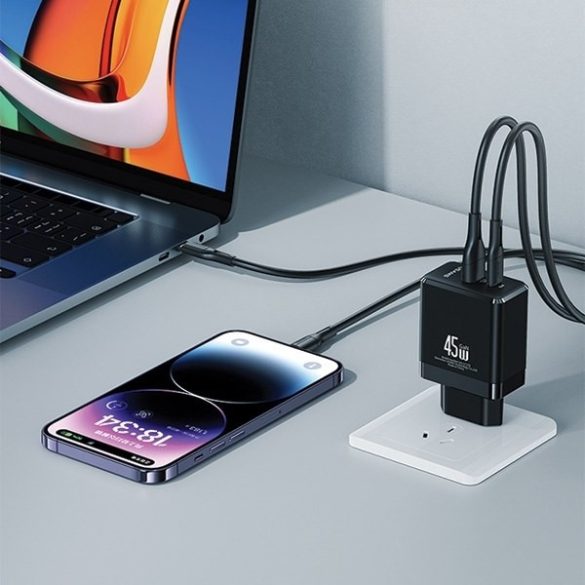 USAMS  1xUSB-C+1xUSB 45W (csak fej) GaN PD3.0 +QC3.0 gyors töltés feketeCC178TC01 (US-CC178)