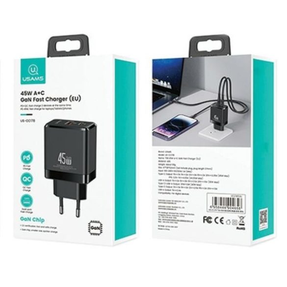 USAMS  1xUSB-C+1xUSB 45W (csak fej) GaN PD3.0 +QC3.0 gyors töltés feketeCC178TC01 (US-CC178)