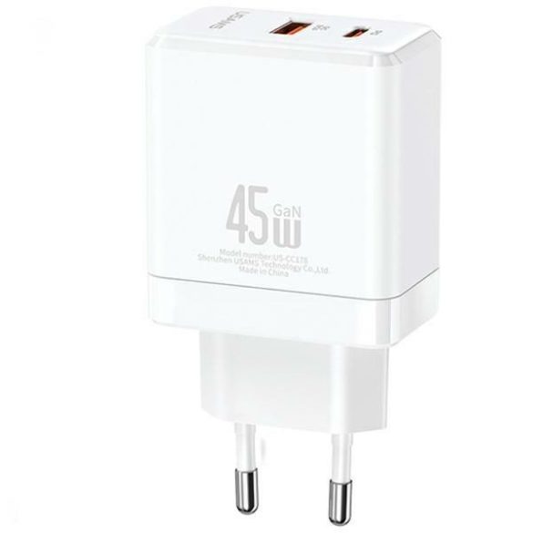 USAMS  1xUSB-C+1xUSB 45W (csak fej) GaN PD3.0 +QC3.0 gyors töltés fehér CC178TC02 (US-CC178)