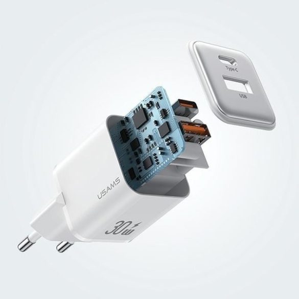 USAMS  1xUSB+1xUSB-C PD30W 3A (csak fej) PD3.0 gyorstöltő fehér X-ron Series CC189TC02 (US-CC189)