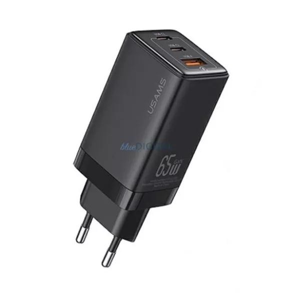 USAMS Lad. hálózat. 2xUSB-C + 1xUSB 65 W (csak a fejrész) GaN PD3.0 + QC3.0 gyorstöltés, fekete, Sandru S