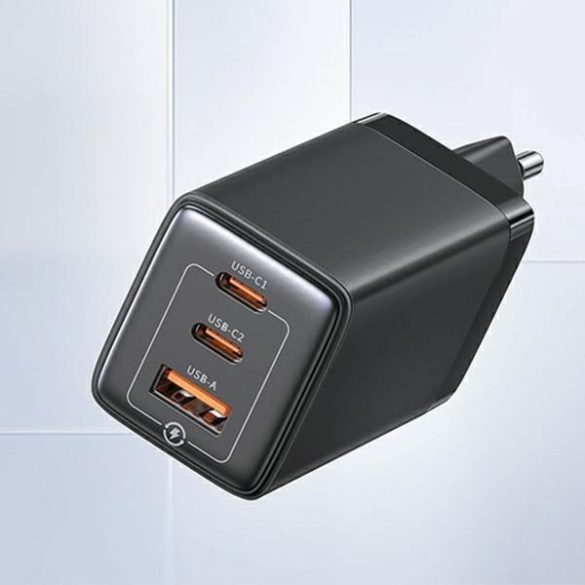 USAMS  2xUSB-C+1xUSB 65W (csak fej) GaN PD3.0 +QC3.0 gyors töltés fekete Sandru Series CC180TC01 (US-CC180)