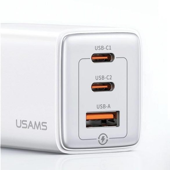 USAMS  2xUSB-C+1xUSB 65W (csak fej) GaN PD3.0 +QC3.0 gyors töltés fekete Sandru Series CC180TC01 (US-CC180)