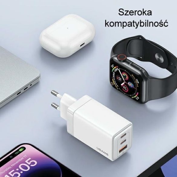 USAMS  2xUSB-C+1xUSB 65W (csak fej) GaN PD3.0 +QC3.0 gyors töltés fekete Sandru Series CC180TC01 (US-CC180)