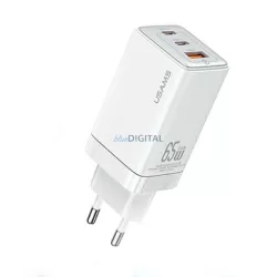   USAMS töltő 2xUSB-C + 1xUSB 65 W (csak a fej) GaN PD3.0 + QC3.0 gyorstöltés, fehér, Sandru Series, CC180T