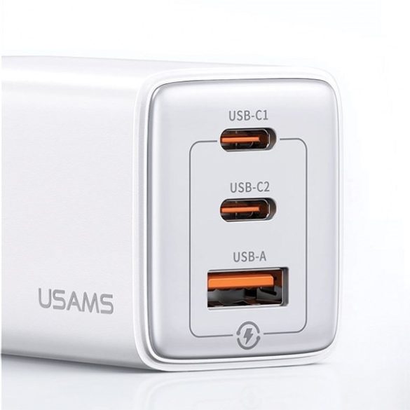 USAMS  2xUSB-C+1xUSB 65W (csak fej) GaN PD3.0 +QC3.0 gyors töltés fehér Sandru Series CC180TC02 (US-CC180)