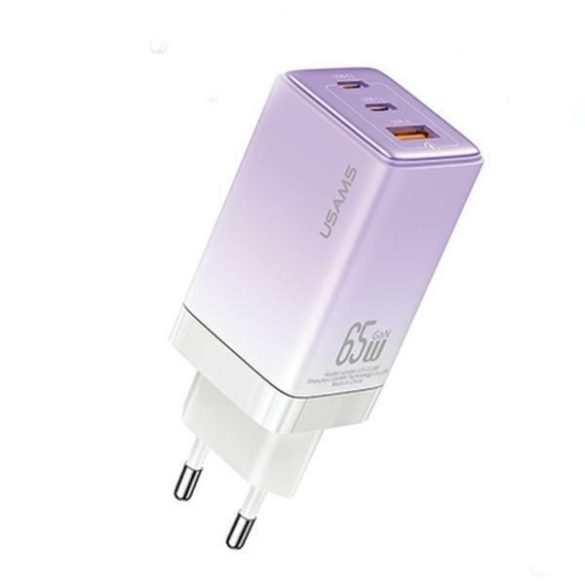 USAMS  2xUSB-C+1xUSB 65W (csak fej) GaN PD3.0 +QC3.0 gyors töltés lila Sandru Series CC180TC03 (US-CC180)